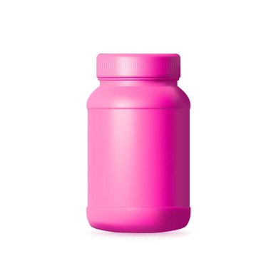Mockup Banks pembe Protein spor konteynırı. Amino asitler kas eğitimi için yuvarlak paketler. Vitaminli gerçekçi silindirik kavanoz. vektör illüstrasyonu