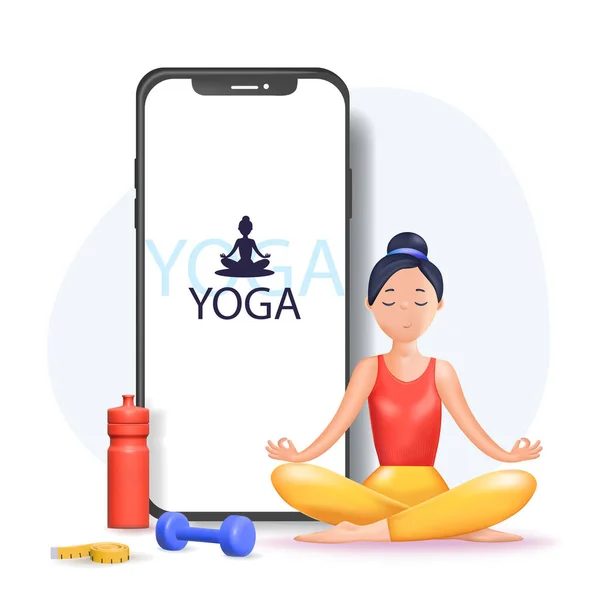 Interactive online yoga workout with personal coach on screen of mobile phone. Tiny man training at home, people practice meditation, sport exercises 3d vector illustration. Healthy activity concept