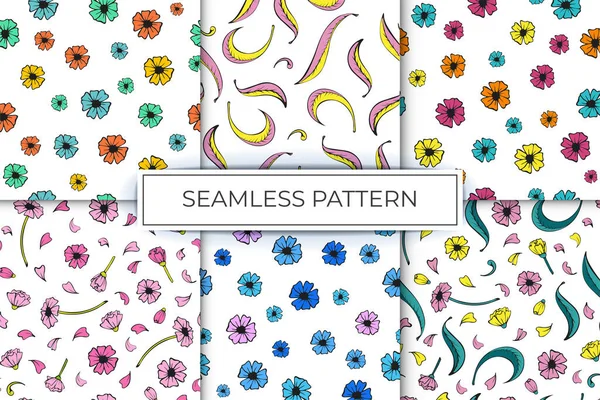 Kolekce Bezešvých Vzorů Květinových Vzorů Jednoduchých Linií Vícebarevný Ilustrační Vektor — Stockový vektor