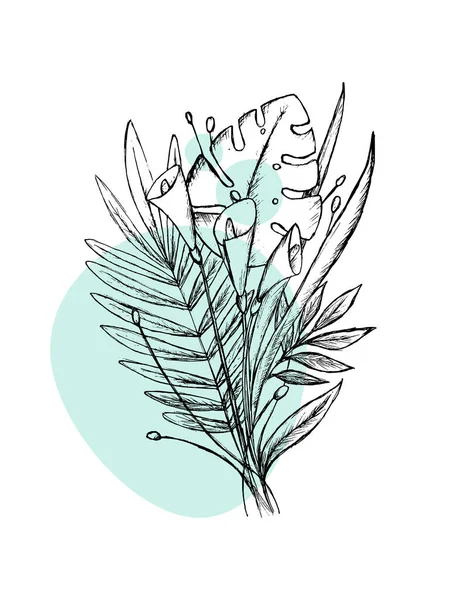 Hand Drawn Sketch Black White Leaves Flower Illustration Vector — Stock Vector