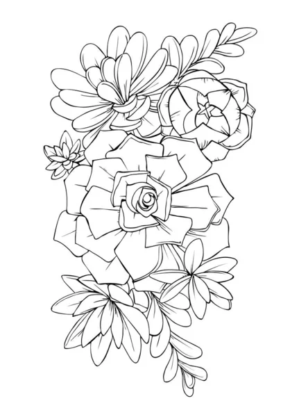 Illustration Fleurs Succulentes Élément Décoratif Graphique Vecteur Illustration Noir Blanc — Image vectorielle