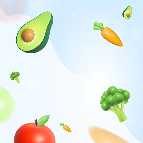 バナーニンジンのベクトル3D アボカド ブロッコリー リンゴ新鮮な野菜の概念 — ストックベクタ