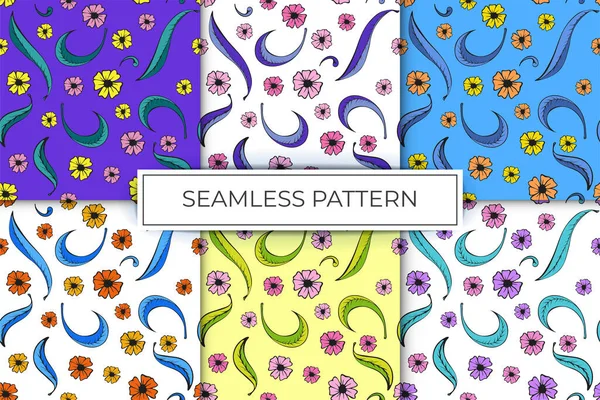 単純な線からの花模様のシームレスなパターンのコレクションマルチカラーイラストベクトル — ストックベクタ