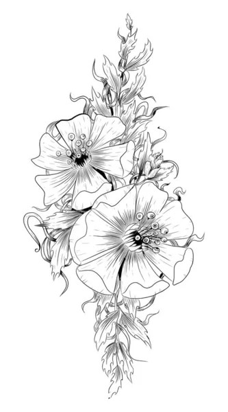 Kwiat Grafika Ilustracja Szkic Tatuaż Druk Czarny Biały Szkic Ilustracja — Wektor stockowy