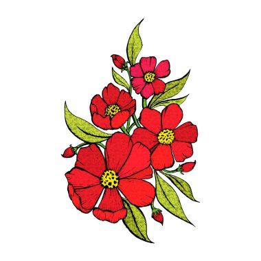 El çizimi siyah ve beyaz yapraklar çiçek illüstrasyon vektörü