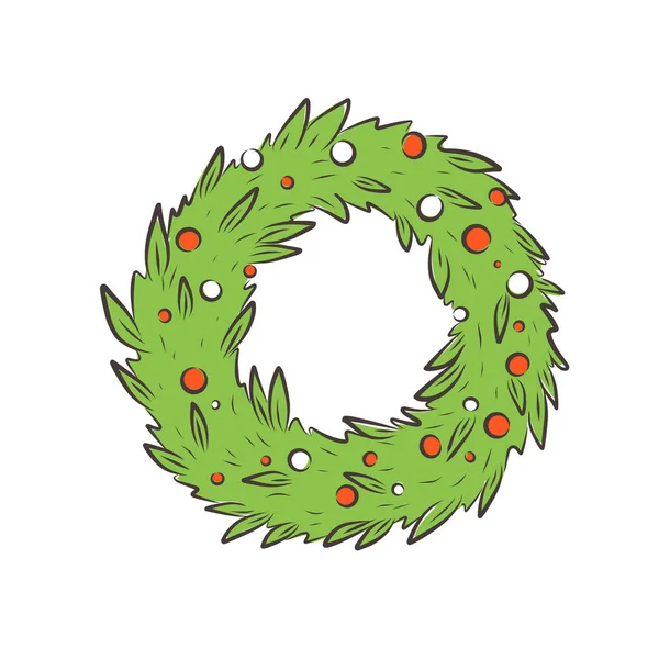 メリークリスマスはテキスト 白の背景と花輪 緑のモミの小枝と赤い果実 自然デザイングリーティングカードテンプレート 冬のクリスマス休暇 ベクターイラスト — ストックベクタ