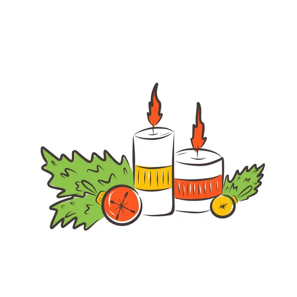 Белая Свеча Украшенная Имбирным Печеньем Еловой Ветвью Элемент Новогоднего Рождественского — стоковый вектор