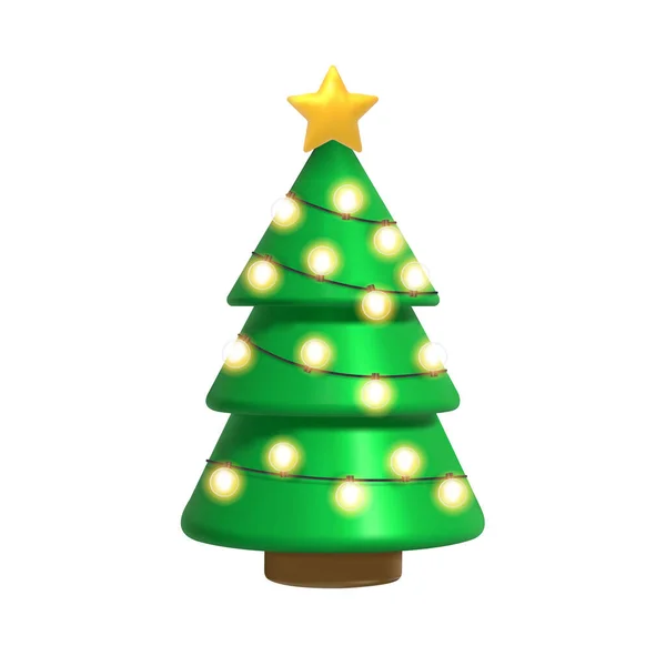 メリークリスマスとハッピーニューイヤー クリスマスの現実的な3Dデザインの緑のモミの木 ライトガーランド ベクターイラスト — ストックベクタ