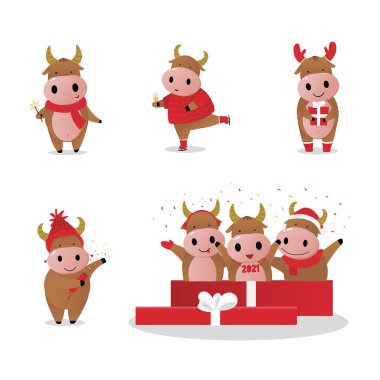 Tıbbi maske takan, Noel kostümü giyen ve elinde çelenk tutan bir sürü sevimli inek. El çizimi vektör çizimi. Beyazda izole edilmiş