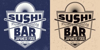 Vintage suşi bar logo tasarımı, grange damga, yaratıcı Japon yemekleri tipografi amblemi, vektör yazdırma