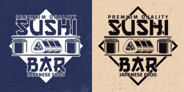 Vintage suşi bar logo tasarımı, grange damga, yaratıcı Japon yemekleri tipografi amblemi, vektör yazdırma
