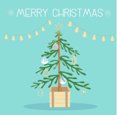 Tencerede süslenmiş Noel ağacı, ahşap Noel oyuncakları, klasik Noel ağacı, süslenmiş köknar, vektör illüstrasyonu