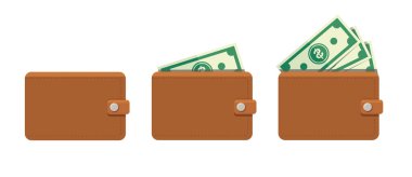 Yeşil dolarlarla dolu kahverengi cüzdan vektör çizimi