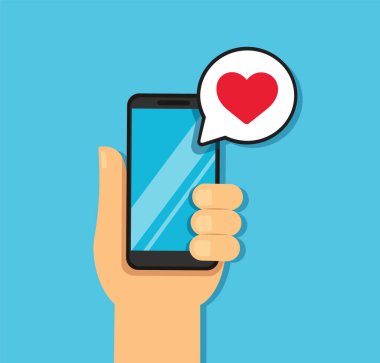 Kalp kabarcıklarıyla el ele tutuşan akıllı telefon sohbeti