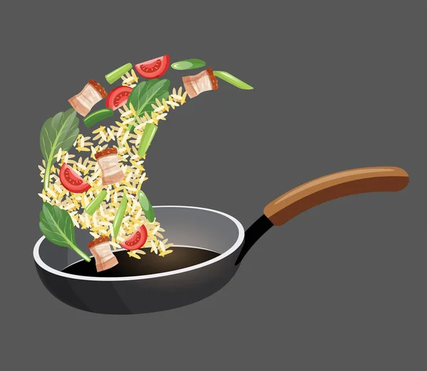 Fried Rice Crispy Pork Vegetables Pan Vector Illustration — Vettoriale Stock