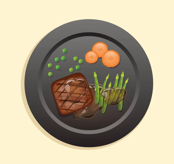 Juicy Tasty Steak Black Plate — Stok Vektör