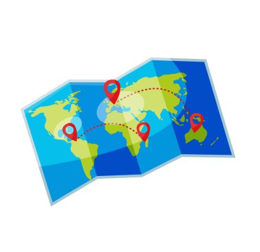 folded paper map of world with color point marker vector illustration