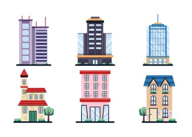 Çeşitli binalar düz tasarım vektör illüstrasyonu
