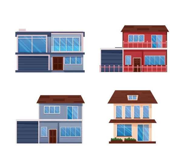 Casas Residenciais Exterior Estilo Plano Vetor Ilustração —  Vetores de Stock