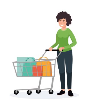 İnsanlar alışveriş yapıyor. Alışveriş çantalı kadın çizimi