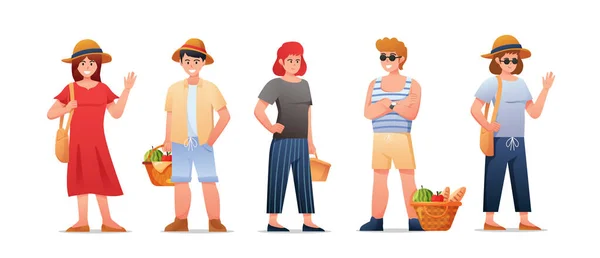 Personajes Personas Picnic Vacaciones Verano Vector Ilustración — Vector de stock