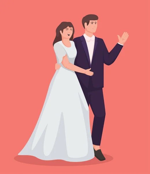 Beyaz Elbiseli Gelin Takım Elbiseli Damat Çift Düğün Vektörü Illüstrasyonu — Stok Vektör