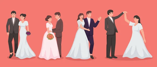 Set Bride White Dress Groom Suit Couple Wedding Vector Illustration — Stock Vector