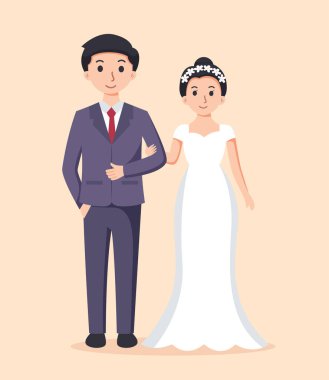 Beyaz elbiseli gelin ve takım elbiseli damat. Çift düğün vektörü illüstrasyonu
