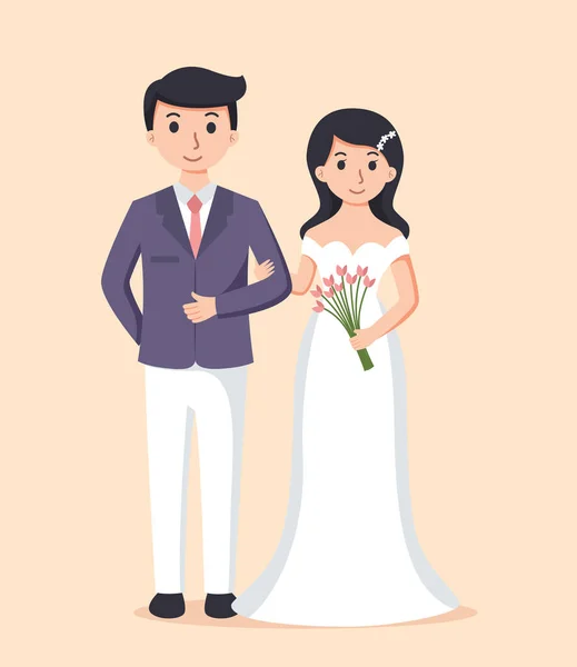 白いドレスと新郎の花嫁のスーツ カップルウェディングベクトルイラスト — ストックベクタ