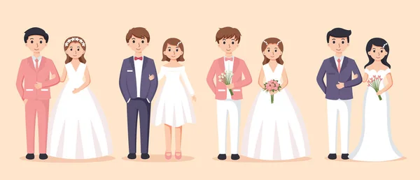 Conjunto Noiva Vestido Branco Noivo Terno Casal Casamento Vetor Ilustração — Vetor de Stock
