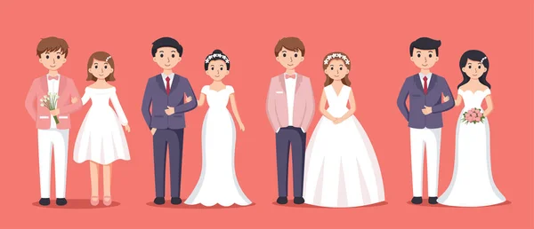 Conjunto Noiva Vestido Branco Noivo Terno Casal Casamento Vetor Ilustração —  Vetores de Stock