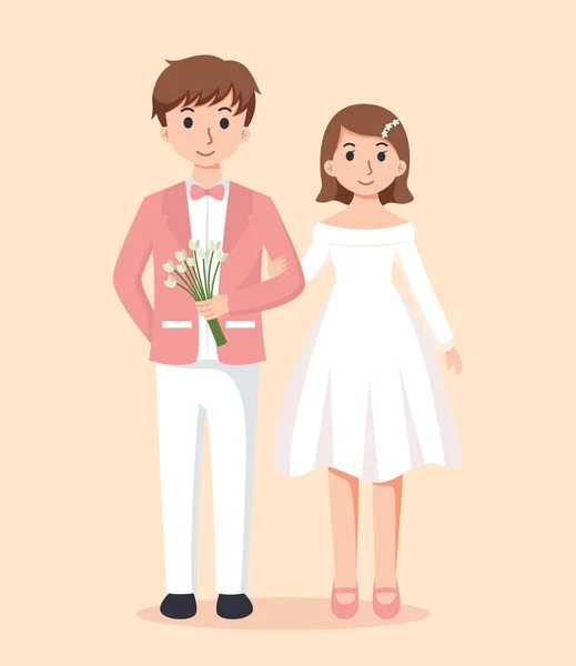 白いドレスと新郎の花嫁のスーツ カップルウェディングベクトルイラスト — ストックベクタ