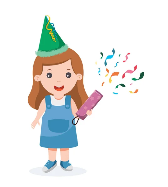 Niños Con Confeti Popper Celebrando Una Fiesta Cumpleaños Vector Ilustración — Vector de stock