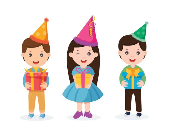 Bambini Con Scatola Regalo Che Celebrano Una Festa Compleanno Illustrazione — Vettoriale Stock