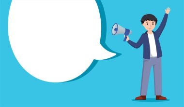 Elinde megafon tutan bir adam. ortam pazarlama vektör illüstrasyonu