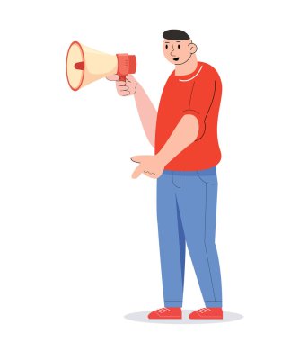 Elinde megafon tutan bir adam. ortam pazarlama vektör illüstrasyonu