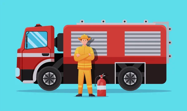 Karakter Pemadam Kebakaran Dengan Gambar Vektor Truk Pemadam Kebakaran - Stok Vektor