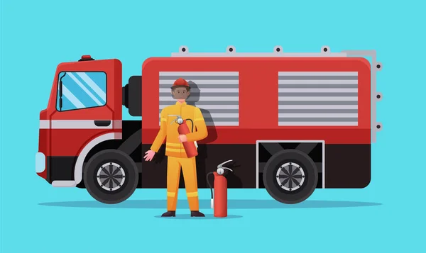 Feuerwehrmann Charakter Mit Feuerwehrauto Vektor Illustration — Stockvektor