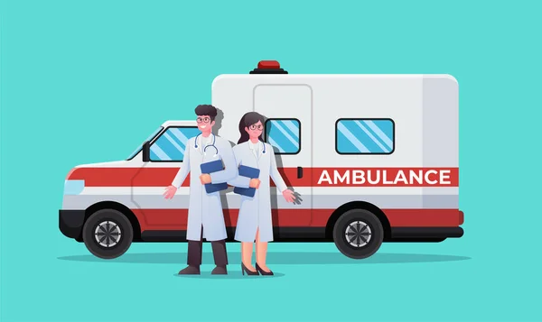 Acil Ambulans Arabası Olan Doktorlar Tıbbi Konsept Vektör Çizimi — Stok Vektör