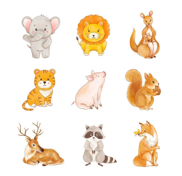Conjunto Animais Animais Animais Desenhos Animados Aquarela — Vetor de Stock