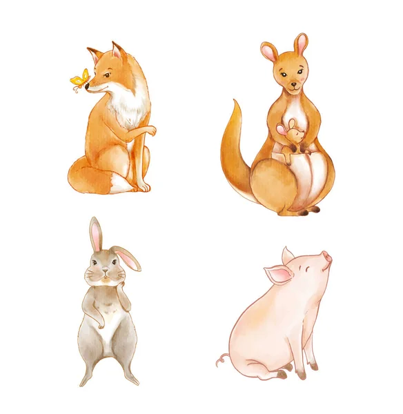 Conjunto Animais Animais Animais Desenhos Animados Aquarela — Vetor de Stock