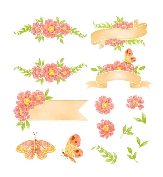 Bannière Étiquette Bouquet Couronne Fleurs Aquarelle — Image vectorielle