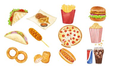 Fast food seti izole edilmiş vektör suluboya