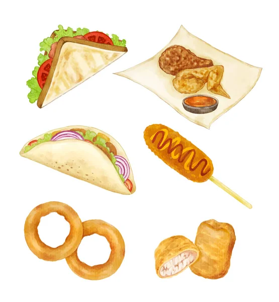 Jeu Fast Food Aquarelle Vectorielle Isolée — Image vectorielle