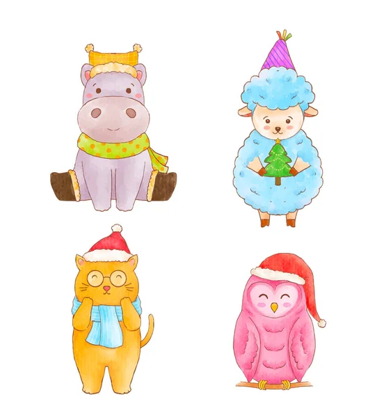 Aquarela Bonito Animais Personagens Natal — Vetor de Stock