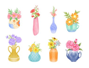 Çiçek saksısı suluboya ev bitkileri.