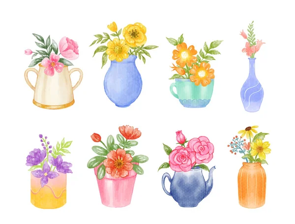 花盆水彩画中的一组家庭植物 — 图库矢量图片