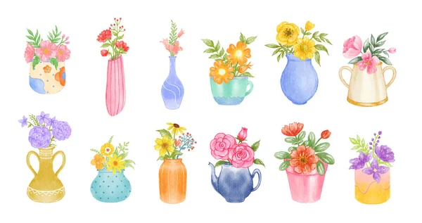 花盆水彩画中的一组家庭植物 — 图库矢量图片