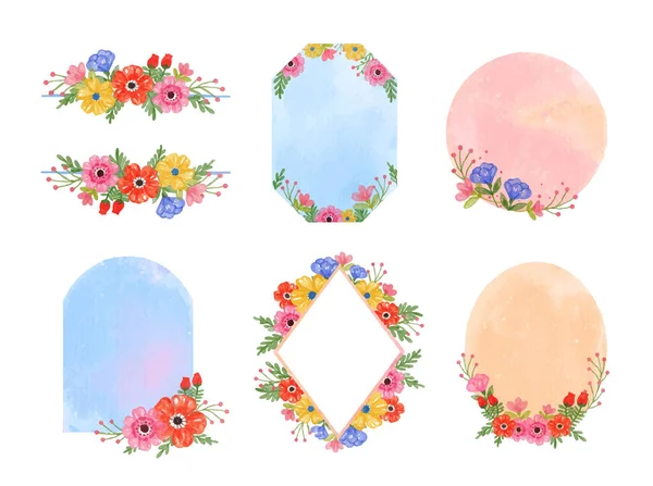 Set Watercolor Floral Wreath Bouquet Vector Illustration — Stock Vector