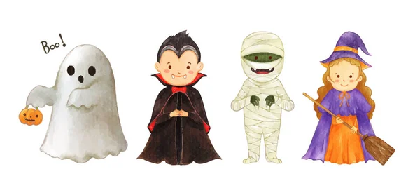 Conjunto Personagens Halloween Ilustração Vetor Aquarela — Vetor de Stock